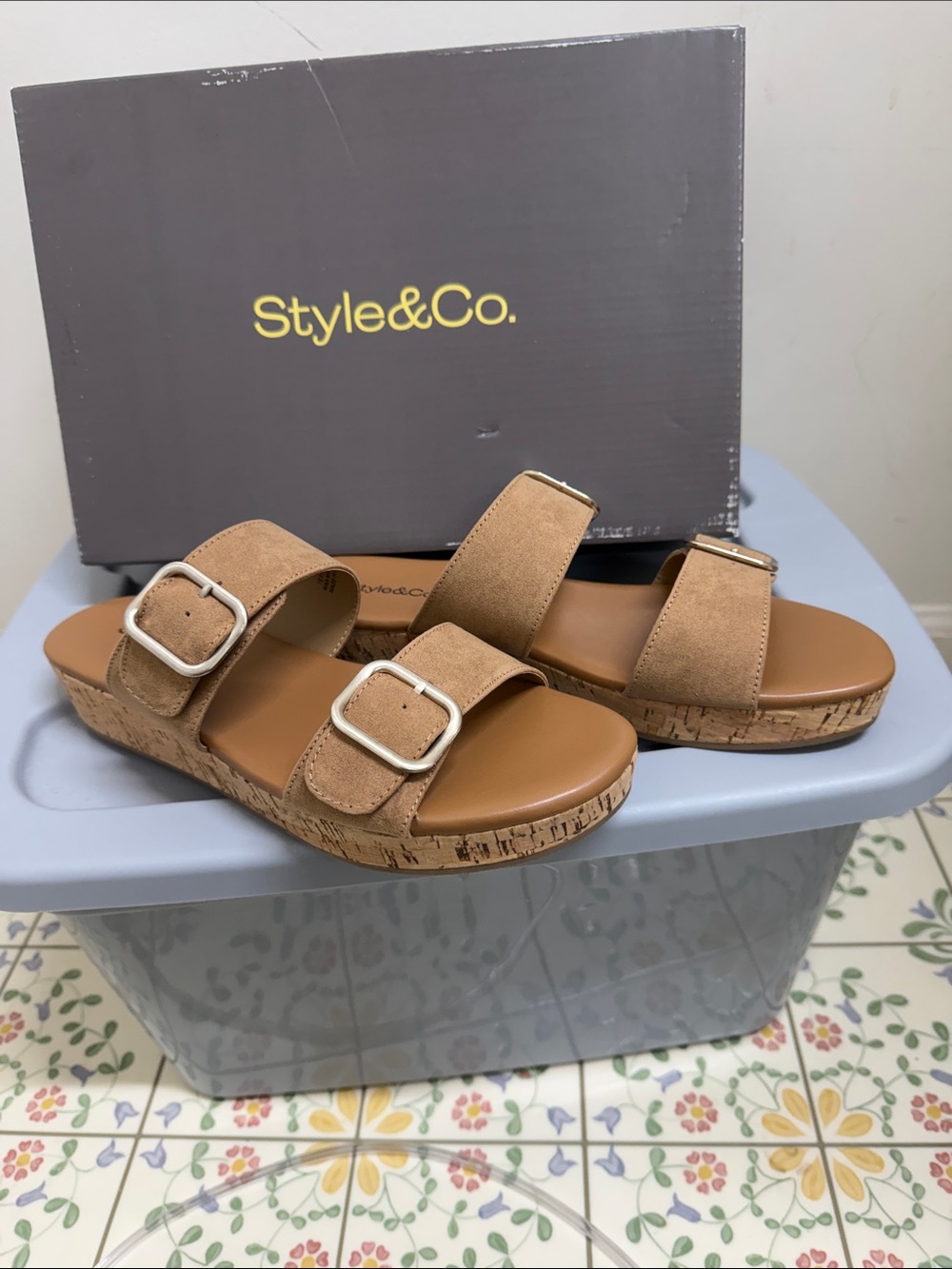Style & Co. Women’s Tan Double-Buckle Cork-Platform Sandals